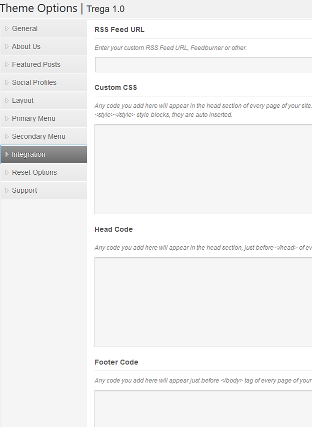 Settings for adding custom CSS, custom code in the head and footer