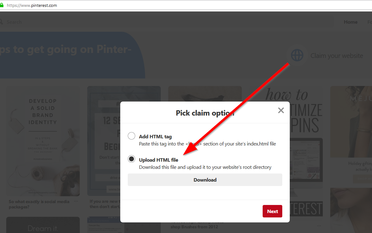 Pinterest Claim Website and Download HTML File